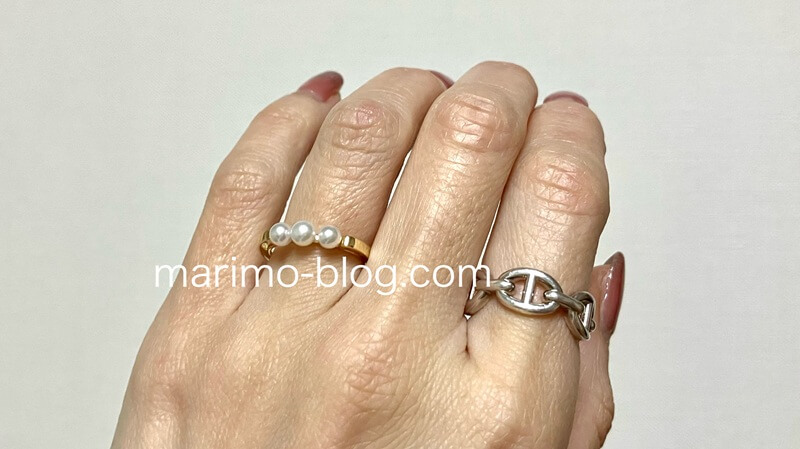 ミキモト 3連ベビーパールリングとエルメスシェーヌダンクルとの重ね付け着画